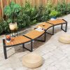 Set of 2 - Outdoor Metal Wood Backless Garden Bench with Modern Curved Design