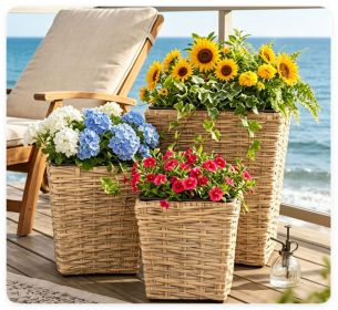 3-Piece Nested Rattan Planter Set, UV Resistant PP Wicker Plant Boxes with Removable Liner & Drainage Holes for Indoor Outdoor Garden Patio