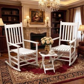 White Wooden Rocking Chair Set with Curved Armrests High Back Slatted Top Table Outdoor Rocker Set for Garden Patio