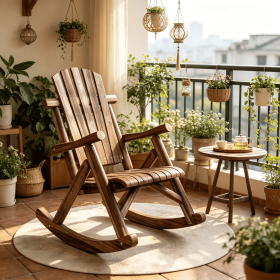 Outdoor Wooden Rocking Chair Single-Person Rocking Patio Chair with Rustic High Back Slatted Seat And Backrest Carbonized for Indoor Backyard Gar