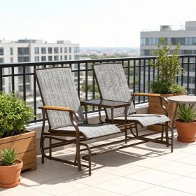 Gray Outdoor 2-Person Glider Bench with Table Steel Frame outside Glider Swing Chair Loveseat for Garden Backyard
