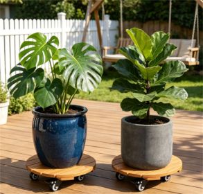 Set of 2 Natural Finish Wooden Plant Pot Mover, Portable Round Plant Stand with 4 Wheels, Sturdy Planter Caddy for Patio Garden Home Decor