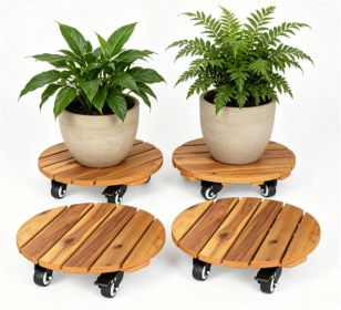 Set of 4 Natural Finish Wooden Plant Pot Mover, Portable Round Plant Stand with 4 Wheels, Sturdy Planter Caddy for Patio Garden Home Decor