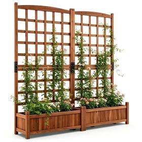 Rustic Brown Elevated Planter with Lattice Trellis, Dual Large Planting Boxes with Drainage System for Vining Flowers Vegetables Balcony Decor