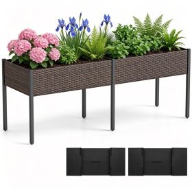 2-Section PE Rattan Raised Garden Bed, 29" Ergonomic Elevated Planter Box with Detachable Fabric Liner