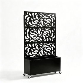 70.87" H 46.06" W Leaf Pattern Privacy Screen with Planter Box, Black Metal Freestanding Decorative Fence Planter for Patio Balcony Backyard