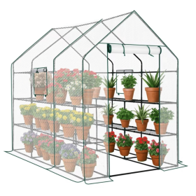 Large Walk-In Greenhouse with PE Cover, 12-Shelf Indoor Outdoor Garden Plant Shelves, Roll-Up Door & Side Windows, 56"x85"x77" (Shipment from Wal