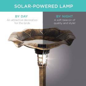 Outdoor Solar Lighted Pedestal Bird Bath Fountain Decoration w/Planter, Integrated Panel, Scroll Accents for Lawn, Garden - Bronze