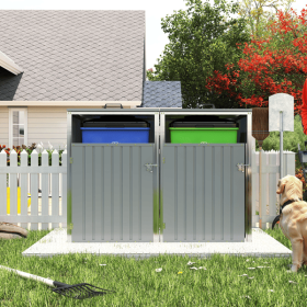 Garbage Bin Shed Stores 2 Trash Cans Metal Outdoor Bin Shed for Garbage Storage,54 cubic feet of space,Stainless Galvanized Steel