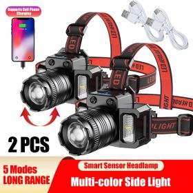 LED Telescopic Headlamp Head Torch USB Rechargeable Motion Sensor Headlight Zoomable 5 Modes Emergency Power Bank For Camping (Option: 2PCS)
