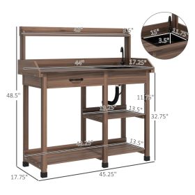 Potting Bench Table, Outdoor Garden Table Wooden Work Station With Removable Sink, Faucet, Drawer, Shelves, Hooks, Dark Brown (Option: Dark Brown)