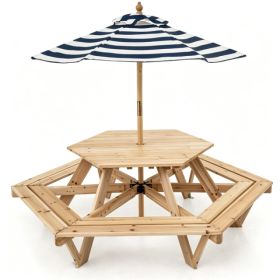 6-Seat Hexagonal Kids Picnic Table With Umbrella, Solid Fir Wood Outdoor Table & Bench Set For Backyard Garden, Age 3-8 (Option: Default)
