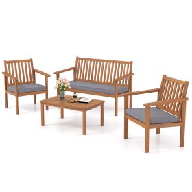 4 Pieces Patio Wood Furniture Set Acacia Wood Sofa Set with Loveseat (Color: Gray)