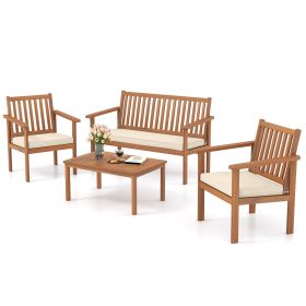 4 Pieces Patio Wood Furniture Set Acacia Wood Sofa Set with Loveseat (Color: Off White)