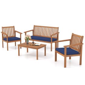 4 Pieces Patio Wood Furniture Set Acacia Wood Sofa Set with Loveseat (Color: Navy)