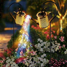 Outdoor Solar Watering Can with Lights Garden Decor Large Solar Powered Lanterns Hanging Waterproof LED Decorative Retro Metal Kettle String Ligh (Color: Colorful lights-2PCS)