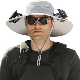 Outdoor Wide Brim Sun Hat with 2 Solar Fan Sun Bucket Hat for Men Women UPF 50+ Bucket Fishing & Beach Hat with Fan Built in. (Color: BLACK)