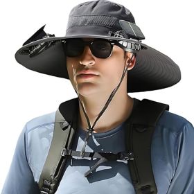 Outdoor Wide Brim Sun Hat with 2 Solar Fan Sun Bucket Hat for Men Women UPF 50+ Bucket Fishing & Beach Hat with Fan Built in. (Color: Dark Gray)