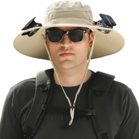 Outdoor Wide Brim Sun Hat with 2 Solar Fan Sun Bucket Hat for Men Women UPF 50+ Bucket Fishing & Beach Hat with Fan Built in. (Color: A Khaki)
