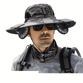 Outdoor Wide Brim Sun Hat with 2 Solar Fan Sun Bucket Hat for Men Women UPF 50+ Bucket Fishing & Beach Hat with Fan Built in. (Color: A_light Gray)
