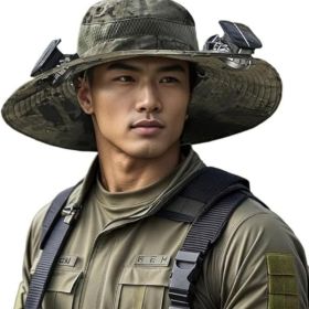 Outdoor Wide Brim Sun Hat with 2 Solar Fan Sun Bucket Hat for Men Women UPF 50+ Bucket Fishing & Beach Hat with Fan Built in. (Color: Camouflage Green)