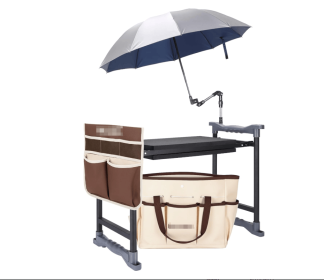 Garden Kneeler and Seat with Umbrella, 2-in-1 Foldable Gardening Stool with Adjustable Bracket, Detachable Tool Bags (Color: Beige & Brown)