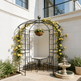 Metal Garden Arch Iron Garden Arbors Gazebo Dia81.3'' x 114.2'' High Birdcage Shape Pergola Pavilion for Wedding Ceremony Outdoor (Color: BLACK)