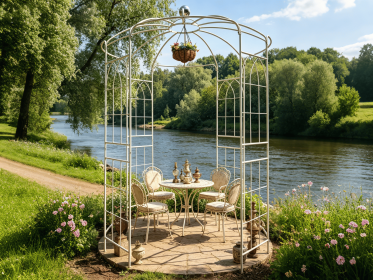 Metal Garden Arch Iron Garden Arbors Gazebo Dia81.3'' x 114.2'' High Birdcage Shape Pergola Pavilion for Wedding Ceremony Outdoor (Color: CREAM WHITE)