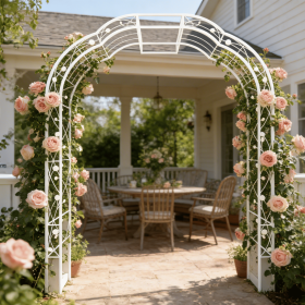 Metal Garden Arch W74.4'' x H98.4'' Garden Arbor Trellis Climbing Plants Support Rose Arch Outdoor Arch (Color: CREAM WHITE)