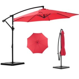 10ft Offset Hanging Outdoor Patio Umbrella With Base Stand Rotate And Tilt, 8 Ribs, UV Protection For Pool Garden Backyard Market, Red  Shipment (Option: Default)